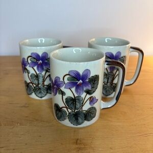 Vintage Violet Mug Set Of 3 Floral Stoneware Cottage Fairy Flowers